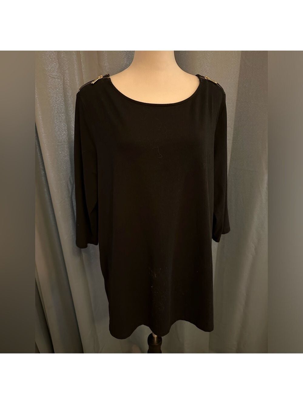 Michael Kors black vneck blouse with gold zipper on shoulder